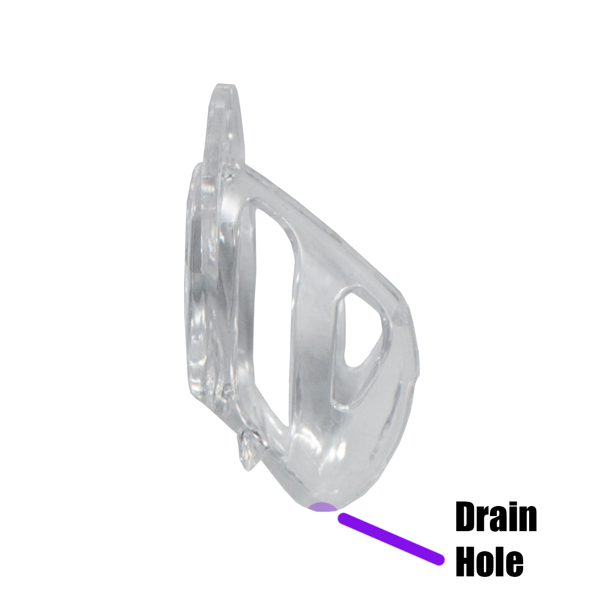 Image of side view of the penis tube shows the newly-added drain hole at the base of the tip in the Locked in Lust Vice Mini V2 | Kinkly Shop