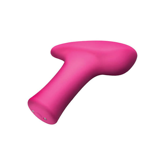 Angled view of the Lovense Ambi. This angle shows off the single control button at the base of the handle as well as the two magnetic charging ports that surround that button. | Kinkly Shop