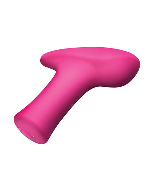 Angled view of the Lovense Ambi. This angle shows off the single control button at the base of the handle as well as the two magnetic charging ports that surround that button. | Kinkly Shop