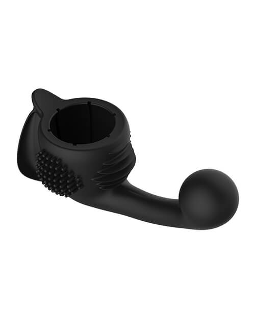 Top-down view of the Lovense Domi 2 Vulva Attachment. This view shows how the attachment fits onto the Domi 2; it is hollow inside of the attachment. The included dildo clearly protrudes really far from the attachment which is clear to see at this angle. | Kinkly Shop