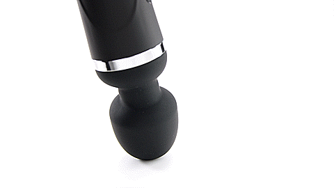 Lovense Domi 2 GIF shows the wand, tip down, on a plain white background. The person holding the wand (which is out of frame) is making the wand do large circles - which shows the smoothness that the head of the wand massager moves with. The text reads "Dual-rotating head technology and Reinforced neck". | Kinkly Shop