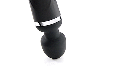 Lovense Domi 2 GIF shows the wand, tip down, on a plain white background. The person holding the wand (which is out of frame) is making the wand do large circles - which shows the smoothness that the head of the wand massager moves with. The text reads "Dual-rotating head technology and Reinforced neck". | Kinkly Shop