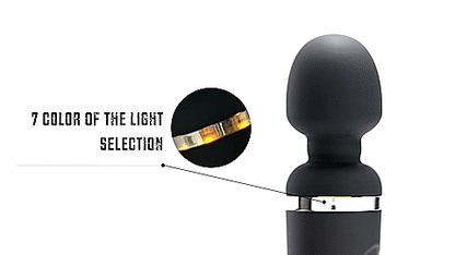 GIF of the Lovense Domi 2 shows the wand massager while it's on in front of a plain white background. The vibrator is shaking very visibly, and a close-up circle shows the color-changing lighted dial near the head of the massager as it scrolls through colors. The text reads "7 Color of the Light Selection". | Kinkly Shop