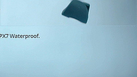 GIF of the Lovense Gush being dropped into a pool of water. The vibrator makes a splash and then continues travelling down until it's out of frame. The text says "IPX7 Waterproof." | Kinkly Shop