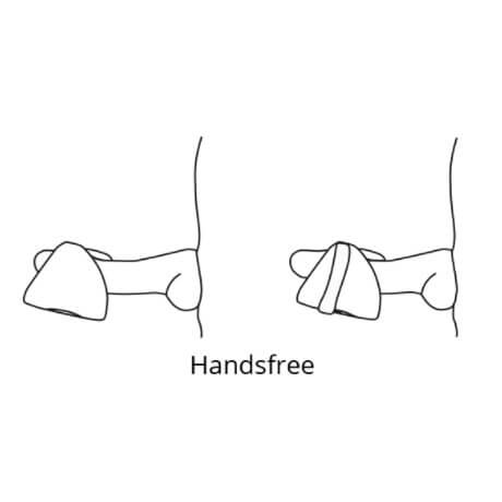 Illustrated image of the Lovense Gush wrapped around a penis. The text says "Handsfree" and showcases how the Lovense Gush can stay in place with proper placement with the optional band. | Kinkly Shop