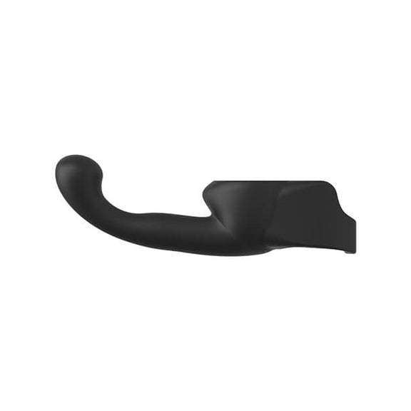 Side view of the Lovense Domi 2 Penis Attachment. On one end, there's a long, protruding dildo with a p-spot curve. Directly opposite this dildo, there's a wrap-around design crafted to wrap around the penis. | Kinkly Shop