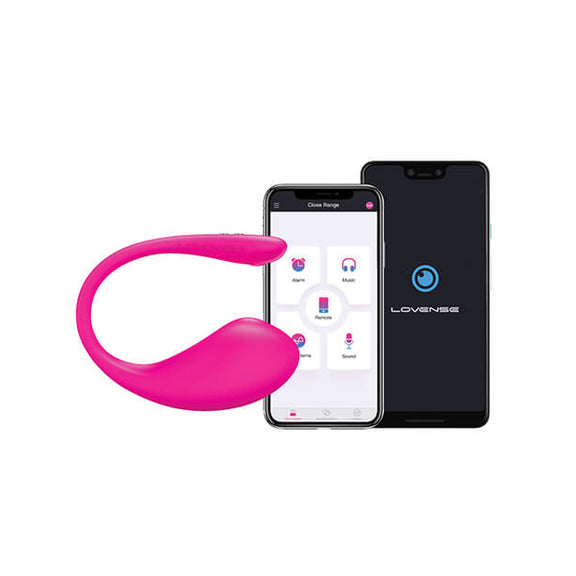 The Lovense Lush 3.0 vibrator presented in front of a cell phone screen. The cell phone screen is on and currently open to the Lovense app. | Kinkly Shop