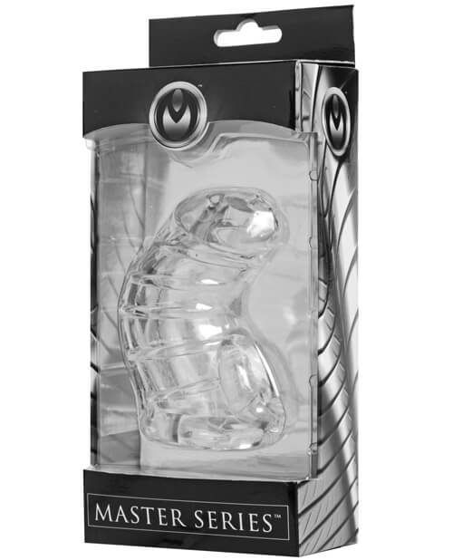 Packaging for the Master Series Detained Soft Chastity Cage. It's black and silver with the words "Master Series" on it. | Kinkly Shop