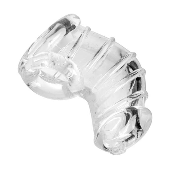 Master Series Detained Soft Chastity Cage from a side view. This showcases the large opening underneath the cage to allow the testicles to hang down as well as the hole at the tip of the cage. | Kinkly Shop