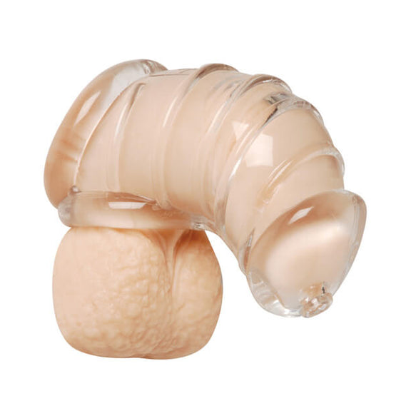 Master Series Detained Soft Chastity Cage wrapped around a packer dildo to show how it fits on a penis. | Kinkly Shop