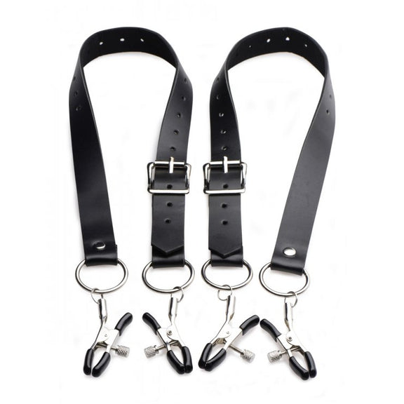 Master Series Labia Spreader with Clamps sitting out to show the adjustable strap that connects to the O-ring that connects to an adjustable clamp on each side of the strap | Kinkly Shop