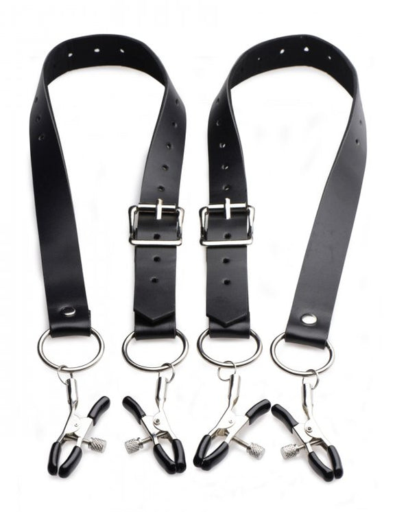 Master Series Labia Spreader with Clamps sitting out to show the adjustable strap that connects to the O-ring that connects to an adjustable clamp on each side of the strap | Kinkly Shop