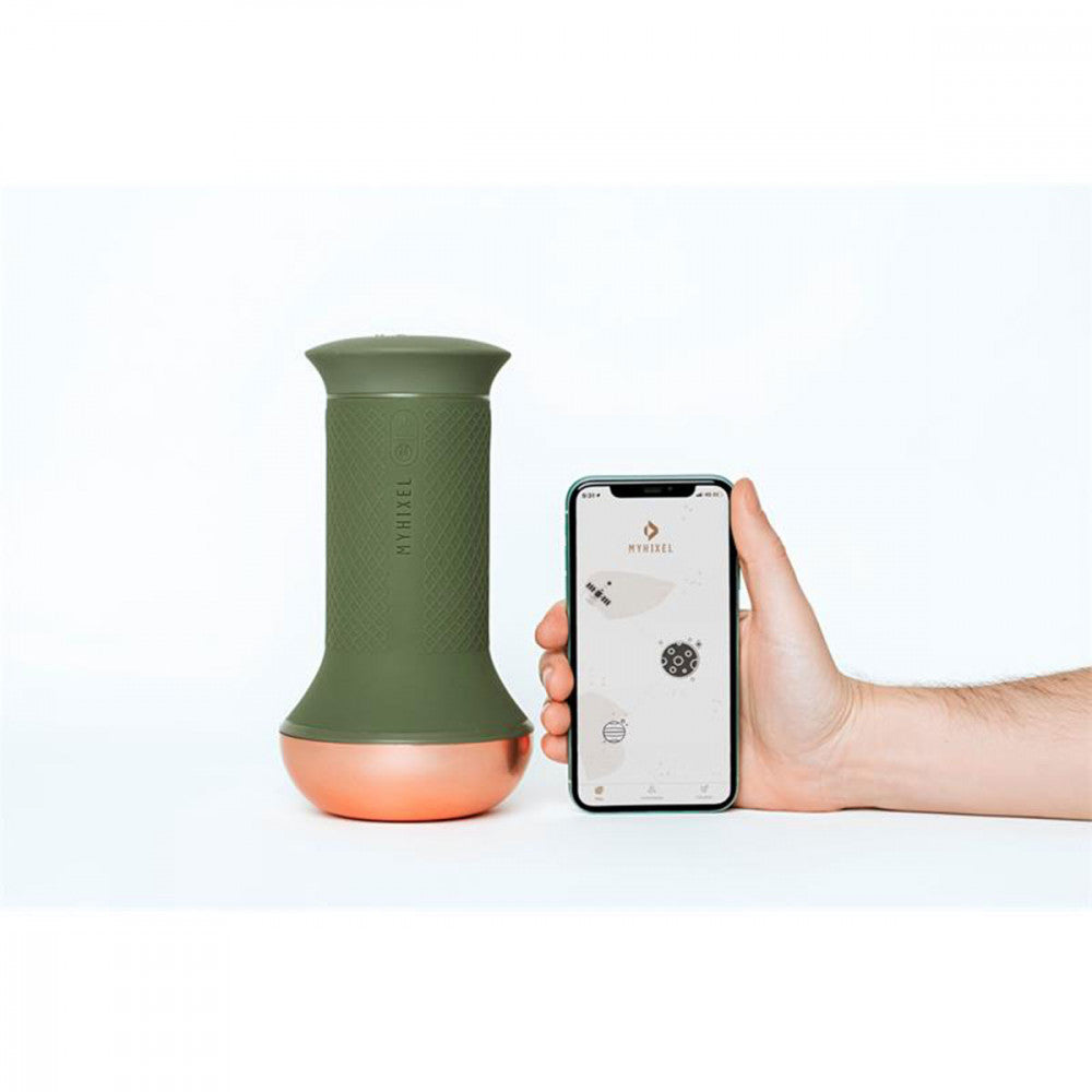The MyHixel TR premature ejaculation sex toy shown next to a person's arm who is holding a cell phone with the MyHixel Play app pulled up | Kinkly Shop