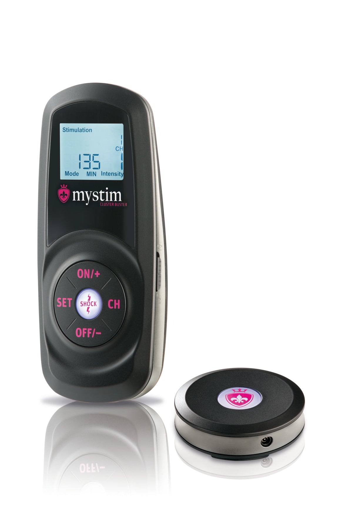 The Mystim Cluster Buster Starter Kit in front of a plain white background. The LED background is lit up on the Cluster Bluster's display. | Kinkly Shop
