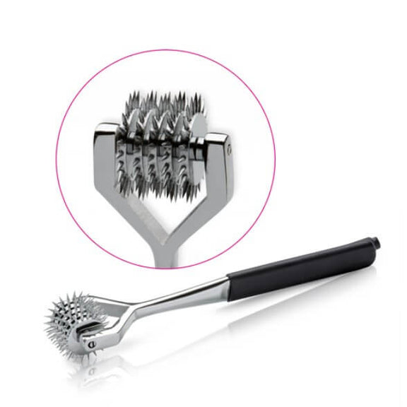 Mystim Extra Spiny Spencer against a white background. A circular close-up photo provides a close-up of the five wheels that are covered in spikes at the tip of the Mystim Extra Spiny Spencer | Kinkly Shop