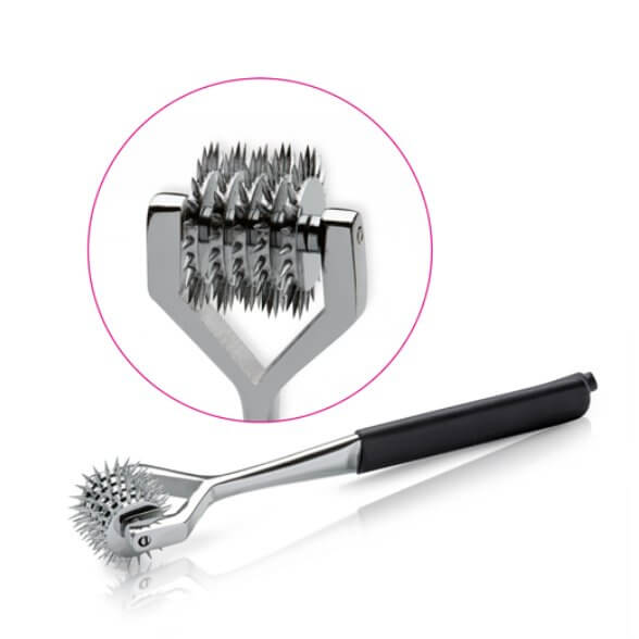 Mystim Extra Spiny Spencer against a white background. A circular close-up photo provides a close-up of the five wheels that are covered in spikes at the tip of the Mystim Extra Spiny Spencer | Kinkly Shop