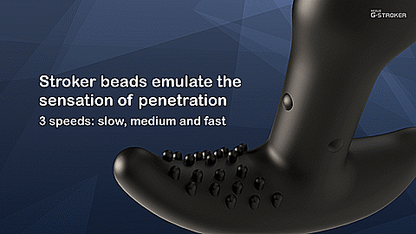 GIF of the Nexus G-Stroker. The close-up on the shaft of the prostate massager shows the beads moving up and down in the retention area. The text on the GIF reads "Stroker beads emulate the sensation of penetration. 3 speeds: slow, medium, and fast." | Kinkly Shop