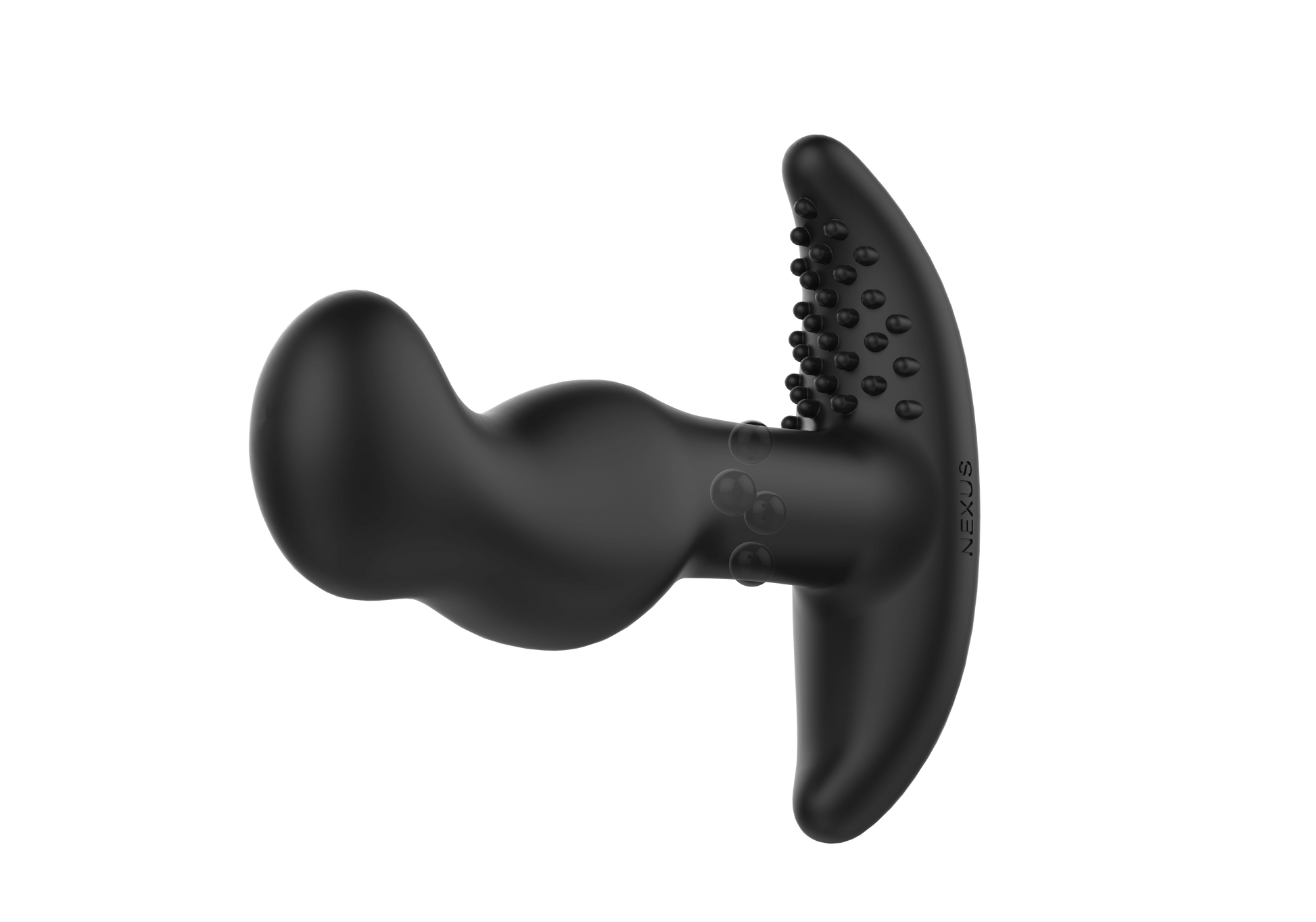 The Nexus G-Stroker held sideways. The curvature of the prostate tip is showcased as well as the textured perineum massagers at the base of the prostate massager. | Kinkly Shop