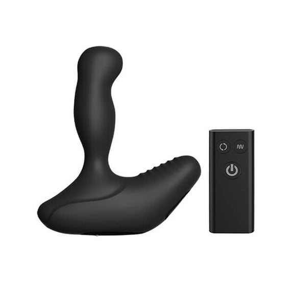 Nexus REVO Stealth prostate massager propped up next to the remote control. The remote control is about half the height of the Nexus REVO Stealth. | Kinkly Shop