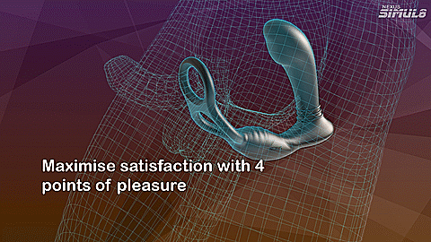 GIF of the Nexus Simul8 - Stroker Edition. It shows the Simul8 Stroker Edition being worn by an illustrated penis owner. The prostate massager is slid inside of the butt and the two rings of the Nexus Simul8 - Stroker Edition are wrapped around the penis and testicles of the illustrated person to show how it all works. The text reads: "Maximize satisfaction with 4 points of pleasure". | Kinkly Shop