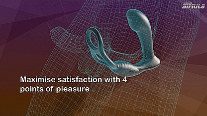 GIF of the Nexus Simul8 - Stroker Edition. It shows the Simul8 Stroker Edition being worn by an illustrated penis owner. The prostate massager is slid inside of the butt and the two rings of the Nexus Simul8 - Stroker Edition are wrapped around the penis and testicles of the illustrated person to show how it all works. The text reads: "Maximize satisfaction with 4 points of pleasure". | Kinkly Shop