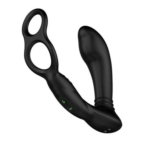 The Nexus Simul8 - Stroker Edition up against a white background. This all-in-one image showcases the two cock rings, the buttons on the base, the magnetic charging port on the base, and the insertable prostate shaft. | Kinkly Shop
