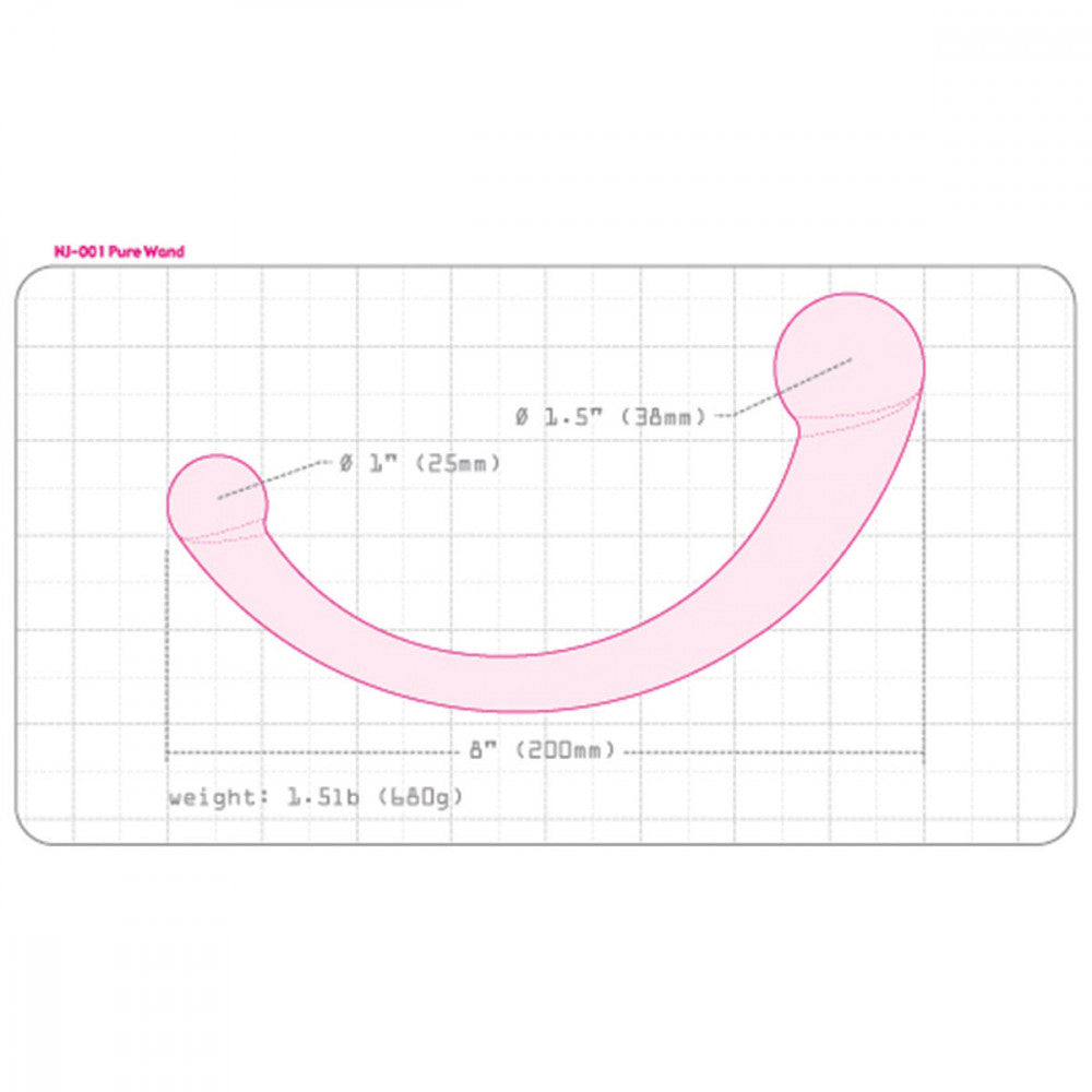 Illustration of the Njoy Pure Wand dildo. It shows the outline of the dildo on top of "graphing paper" squares. Arrows with measurements are pointing out various parts of the dildo. All measurements can be found via text within the product description. | Kinkly Shop