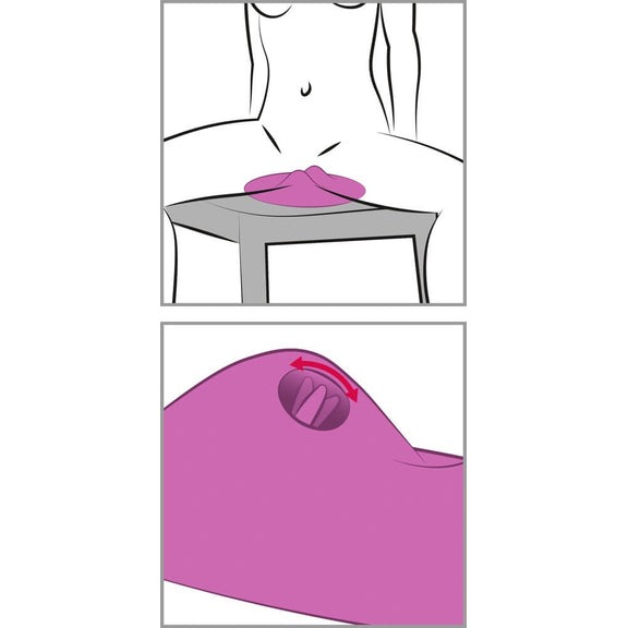 Two illustrations for the Orion VibePad 2. The top illustration shows someone sitting on top of the Orion VibePad 2 on top of a chair. The second illustration shows the flicking tongue moving back and forth Orion VibePad 2. | Kinkly Shop