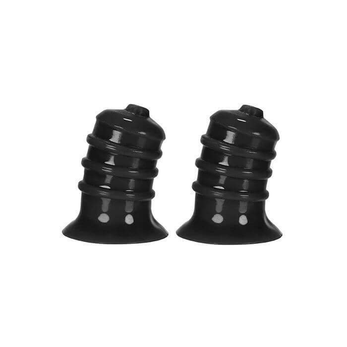 Oxballs Elong Nipsuckers in black up against a white background. Both suckers are sitting upright, sitting on their base. This showcases the wide lip of the base, the three ringed ridges of the sucker's length, and the easy-squeeze texture of the tip. | Kinkly Shop