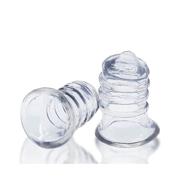 Oxballs Elong Nipsuckers up against a white background. One sucker is sitting upright, resting on the base while the other sucker is tipped over, showcasing the hollow, wide interior that has a lot of space for flesh. The lip of the base is rounded for better grip. | Kinkly Shop