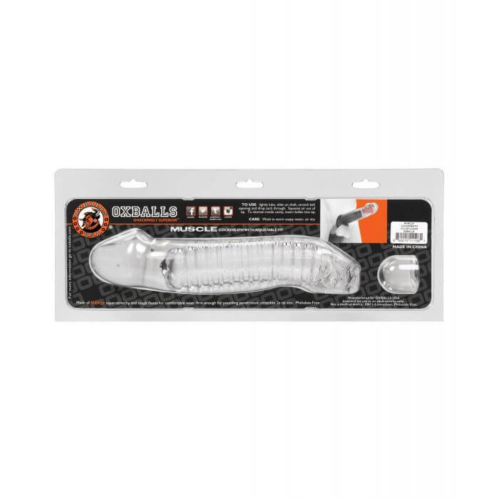 The Oxballs Muscle Cocksheath within its packaging. It's a blister pack plastic package, and there's a spot for where the included AdjustFit insert is there as well. | Kinkly Shop