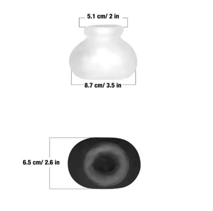 Pictures of the Perfect Fit Bull Bag against a white background with measurements super-imposed over the toy's shape. The Ball Bag is 3.5" in total width while it has a depth of 2.6". The unstretched entrance hole is 2" in width. | Kinkly Shop