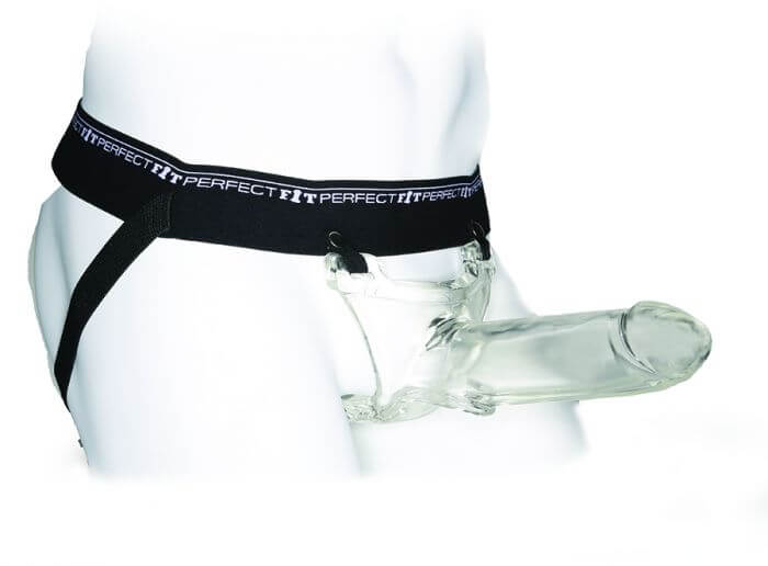 The Perfect Fit Zoro Knight being worn while in the strap-on harness. The harness looks elastic and extremely comfortable. | Kinkly Shop