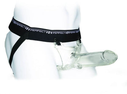 The Perfect Fit Zoro Knight being worn while in the strap-on harness. The harness looks elastic and extremely comfortable. | Kinkly Shop