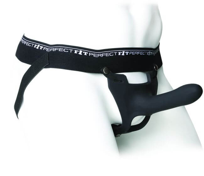 The Perfect Fit Zoro being worn in the strap-on harness. The harness is elastic and looks comfortable like a pair of underwear. | Kinkly Shop