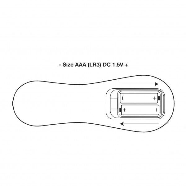 Illustration of the underside of the Rocks-Off Ruby Glow Dusk. It showcases the battery compartment underneath the Rocks-Off Ruby Glow Dusk. The two AAA batteries, and their placement, are shown within the compartment in the diagram. | Kinkly Shop