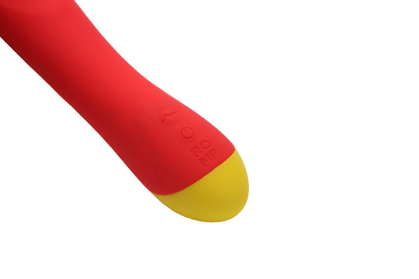 Close-up of the buttons on the bottom of the shaft of the ROMP Hype. There is a vibration intensity button as well as a power button embedded into the silicone. | Kinkly Shop