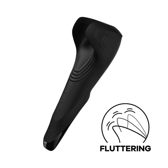 The Satisfyer Men Wand at an angle. This angled shot clearly shows off the area of interior, textured ribbing designed for penis pleasure. It also is the clearest angle showing off the three control buttons on the shaft for the vibrations. It has a Plus, Minus, and Patterns button to easily control the penis vibrator options. A small badge in the corner says "Fluttering". | Kinkly Shop