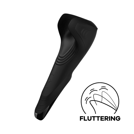 The Satisfyer Men Wand at an angle. This angled shot clearly shows off the area of interior, textured ribbing designed for penis pleasure. It also is the clearest angle showing off the three control buttons on the shaft for the vibrations. It has a Plus, Minus, and Patterns button to easily control the penis vibrator options. A small badge in the corner says "Fluttering". | Kinkly Shop