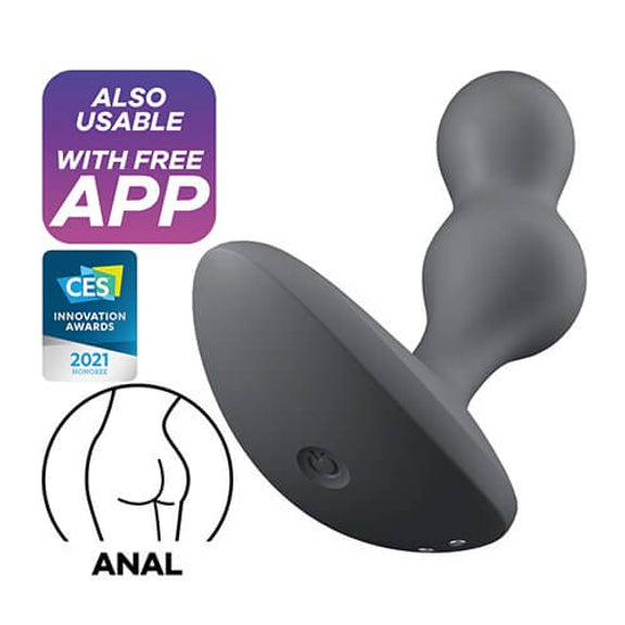 The Satisfyer Deep Diver is shown in front of a white background. To the left of the product are multiple informative badges. They say "Also Usable with Free App. CES Innovation Awards 2021 Honoree, and Made for Anal" | Kinkly Shop
