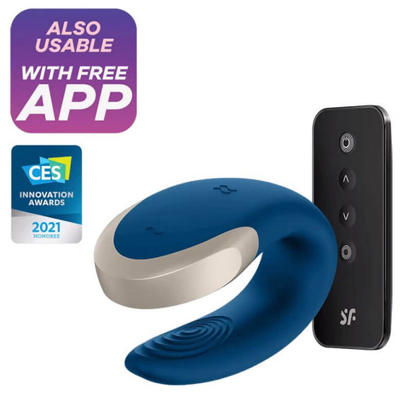 Satisfyer Double Love in Blue. The vibrator is displayed next to its included remote control. Small badges are also shown on the image. The badges state "Also usable with free app" and "CES Innovation Awards: 2021" Honoree. | Kinkly Shop