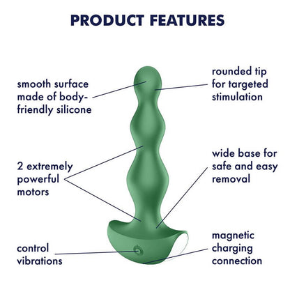 The Satisfyer Lolli Plug sits in the middle of an image titled "Product Features" which has various arrows pointing at parts of the plug. Written feature points include "Smooth Surface made of body-friendly silicone", "2 extremely powerful motors", "control vibrations", "rounded tip for targeted stimulation", "wide base for safe and easy removal", and "magnetic charging connection". | Kinkly Shop