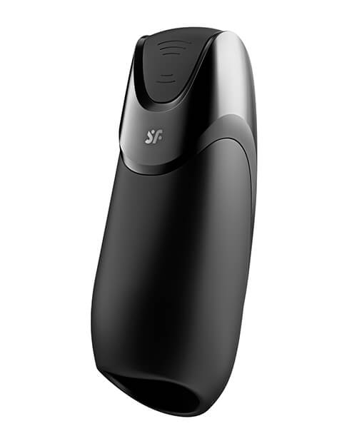 Front view of the Satisfyer Men Vibration+ up against a white background. The toy includes a silicone bottom while the tip of the toy is made from plastic. It has the "SF" logo printed on the front with the two buttons right near the tip. | Kinkly Shop