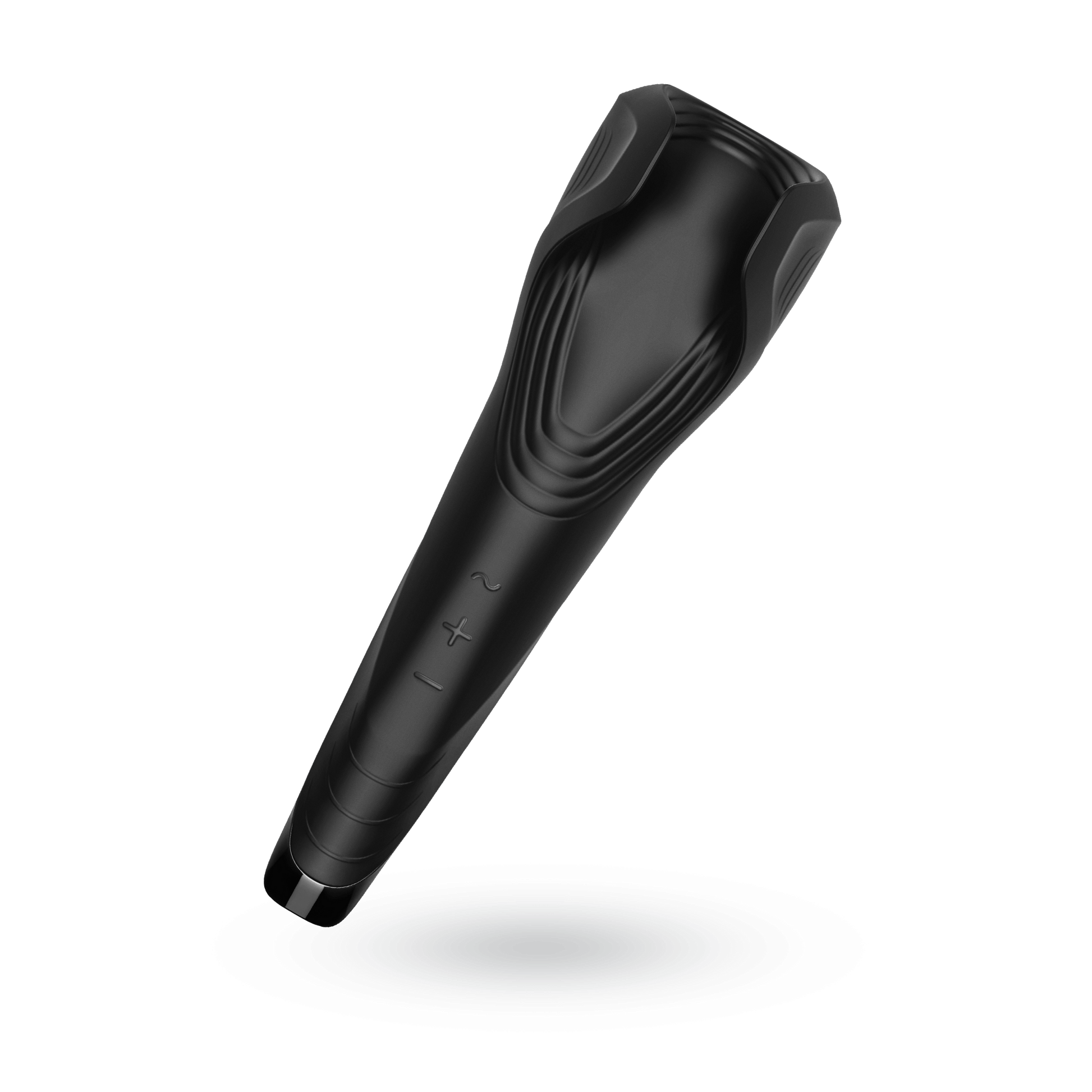 The Satisfyer Men Wand shown with the tabbed wings facing directly at the camera. This angle shows the variations in diameter throughout the length of the penis vibrator. At the top, where the vibrations are focused, the Satisfyer Men Wand is the thickest while it tapered down to an easy-to-hold-handle near the base of the vibrator. | Kinkly Shop
