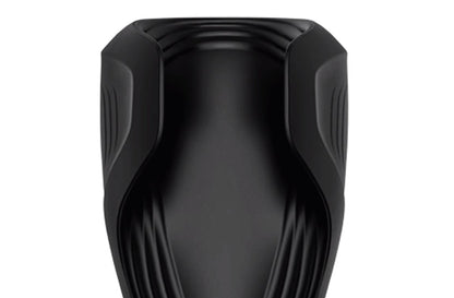 A close-up of the texturing and the winged "tabs" of the Satisfyer Men Wand. This shows the unique, futuristic look of the toy while also providing a close-up view of where the penis will comfortably rest. | Kinkly Shop