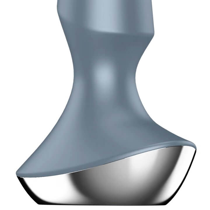 Close-up of the base of the Satisfyer Plug-ilicious anal plug 2. This angle showcases the uneven base for different sensations in addition to the slimmer retention area that helps keep the plug inside of the butt. | Kinkly Shop