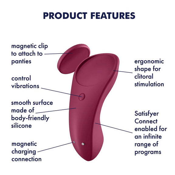 Product features image shows the different parts of the Satisfyer Sexy Secret panty vibrator and displays what they do. All of this information can be found in the product description. | Kinkly Shop
