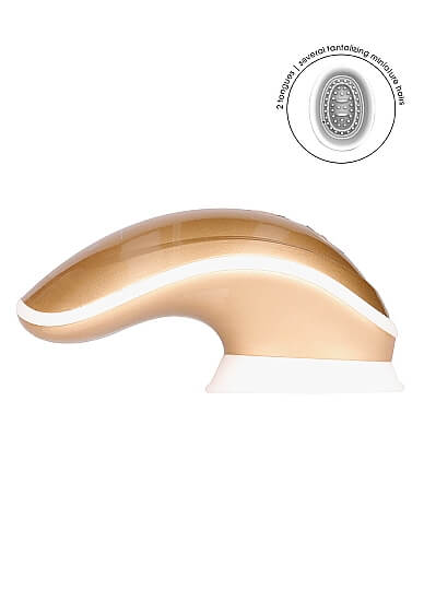 A side view of the Shots Twitch Innovations. This showcases the vibrator's wide suction area as well as the curved "handle" of the vibe for easy gripping. | Kinkly Shop