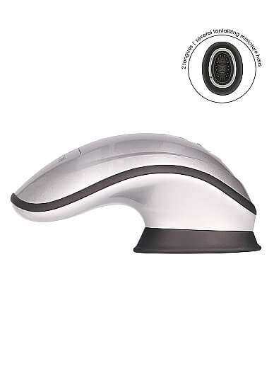 A side view of the Shots Twitch Innovations. This showcases the vibrator's wide suction area as well as the curved "handle" of the vibe for easy gripping. | Kinkly Shop