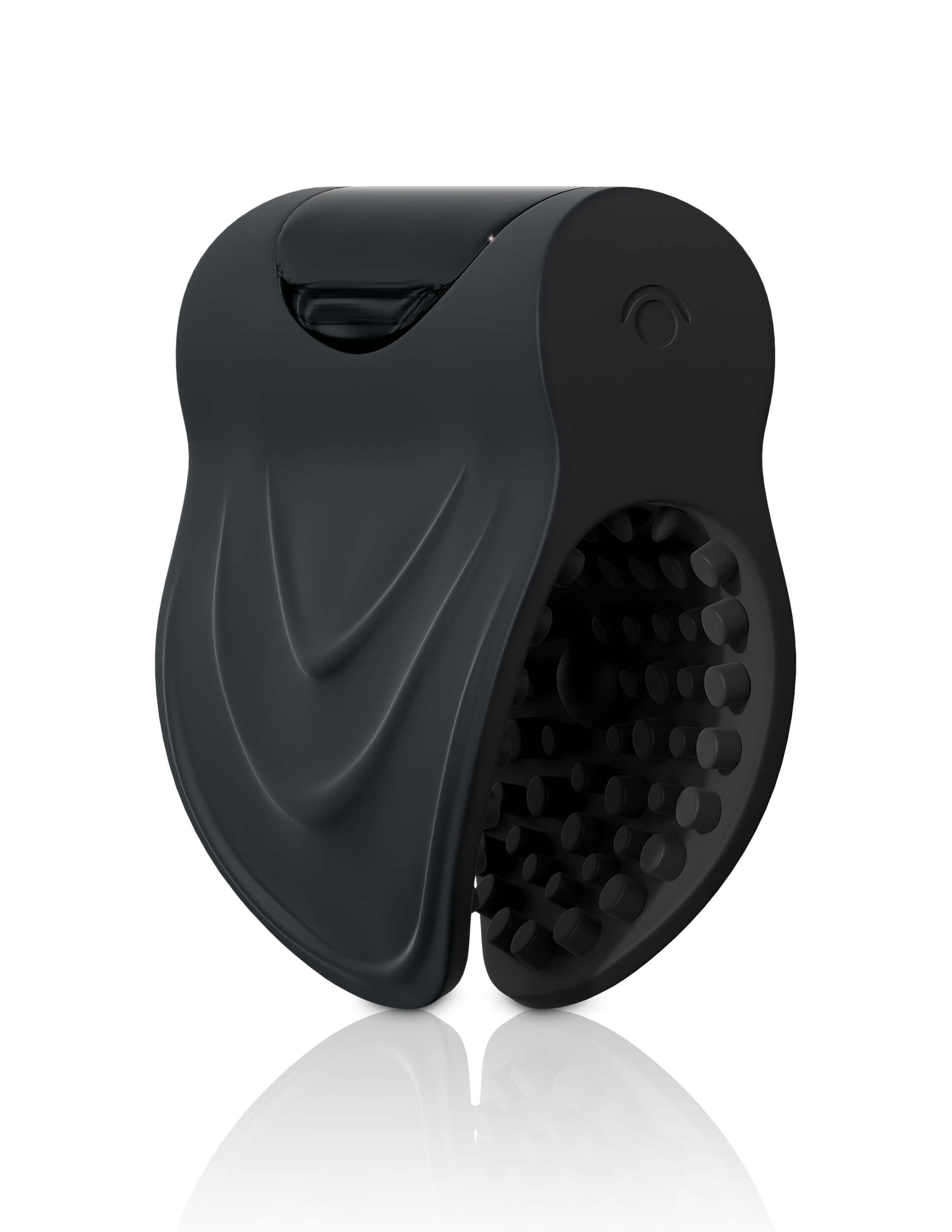 Sir Richards Vibrating Edging Trainer with the penis stroker portion facing downwards. This angle makes it clear between the thicker, circular vibration motor and the textured sleeve. | Kinkly Shop